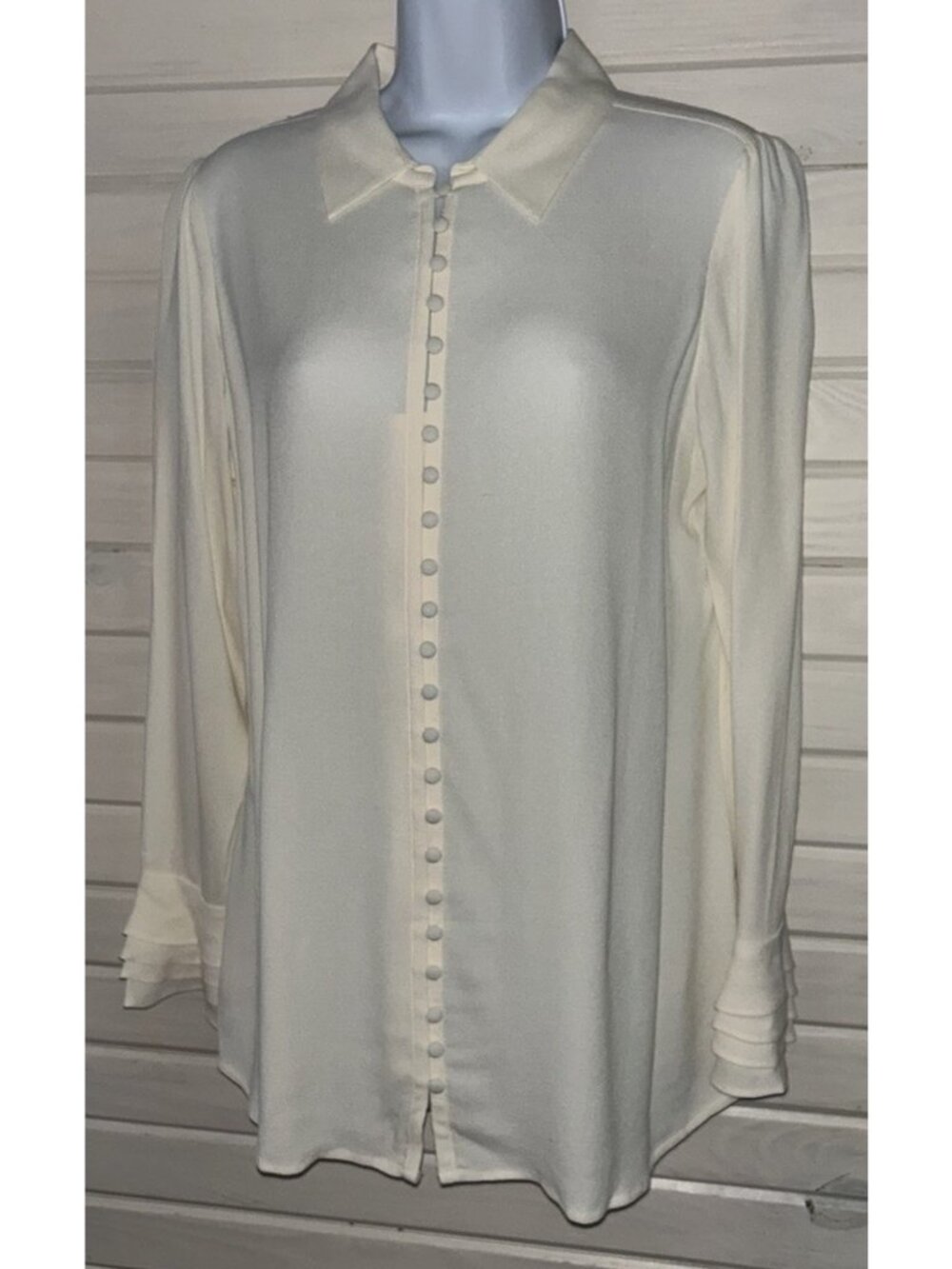 NWOT Soft Surroundings Sz SMALL Poet Blouse Ivory Ruffle Cuffs Rayon Crepe 2AT59